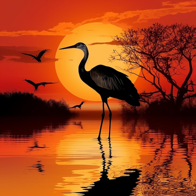 a bird is standing in front of a sunset with birds flying above