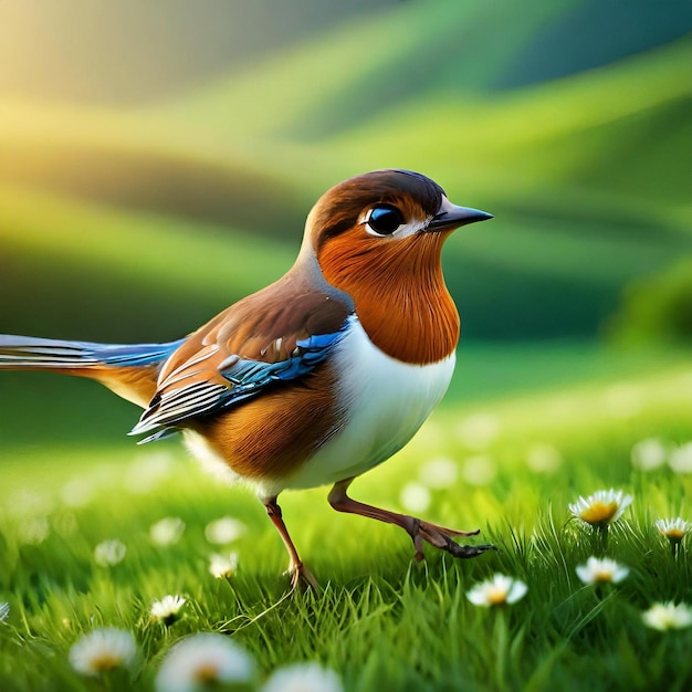 a bird is standing in the grass with flowers in the background