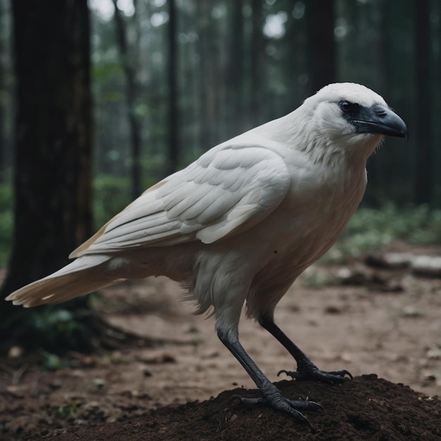 a bird is standing on a piece of wood in the forest