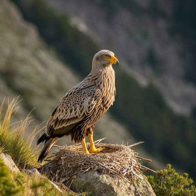 Photo a bird is standing on a rock in front of a mountain