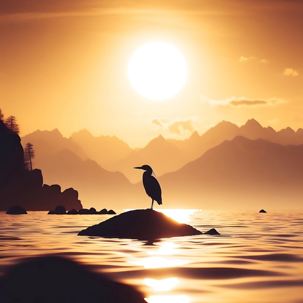 A bird is standing on a rock in the water Silhouette