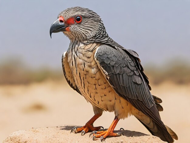 Photo a bird is standing on a sandy surface with a blue sky behind it