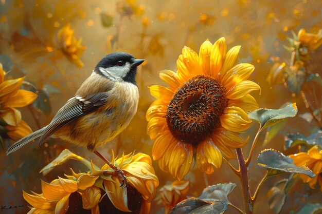 Photo a bird is standing on a sunflower and a bird is looking at it