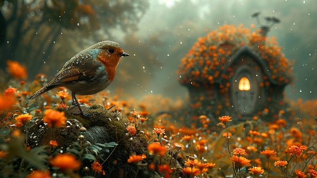 Photo a bird is standing on a tree stump in the forest