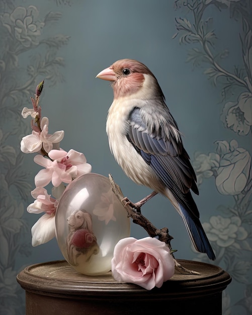 a bird is standing on a vase with flowers in it.