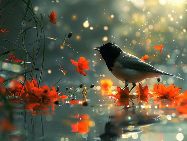 a bird is standing on a water surface with flowers in the background