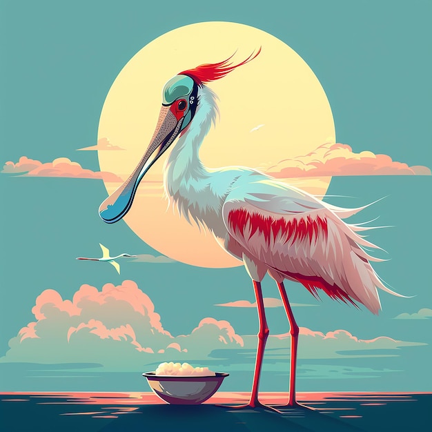 a bird is standing in the water with a bowl of food