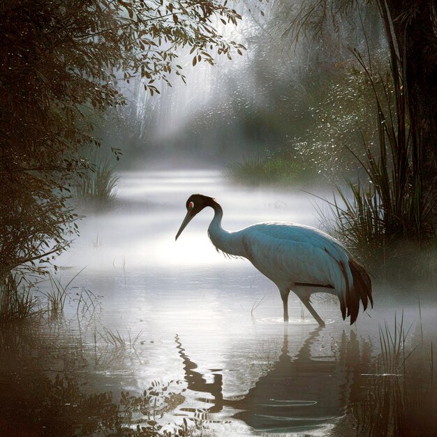 a bird is standing in the water with the sun shining on it