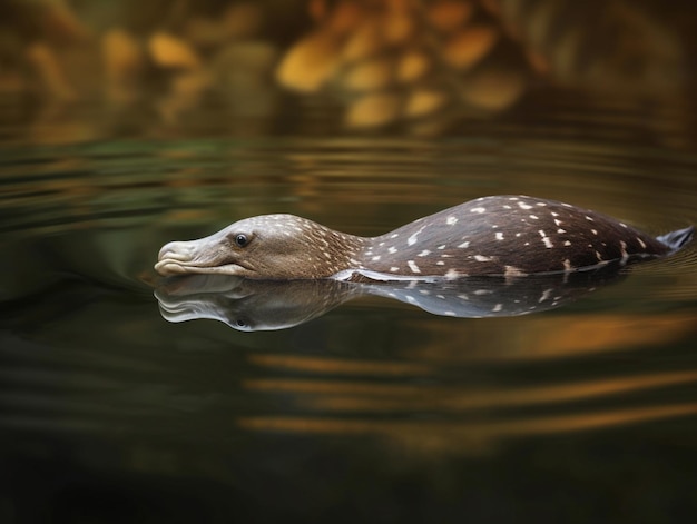 A bird is swimming in the water with a pineapple on the bottom.