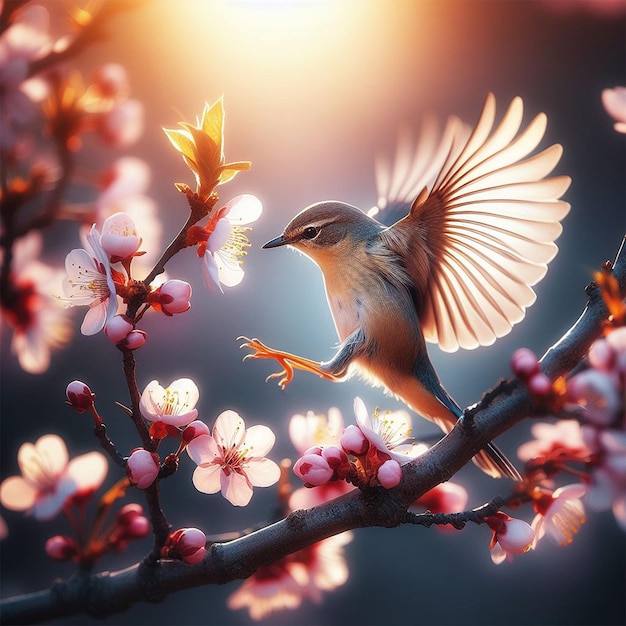 A bird landing on a blooming cherry branch