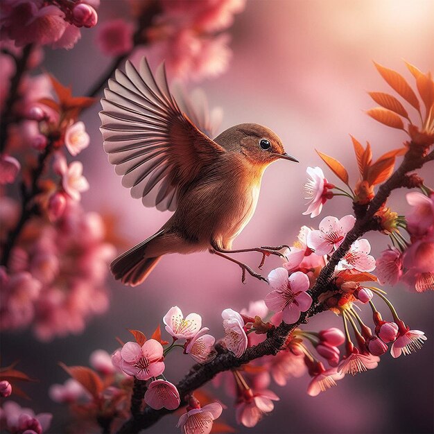 A bird landing on a blooming cherry branch