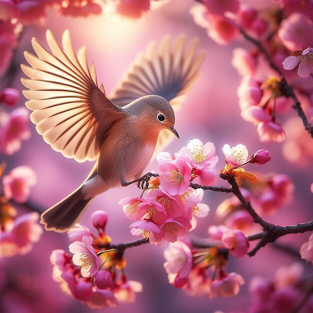 A bird landing on a blooming cherry branch