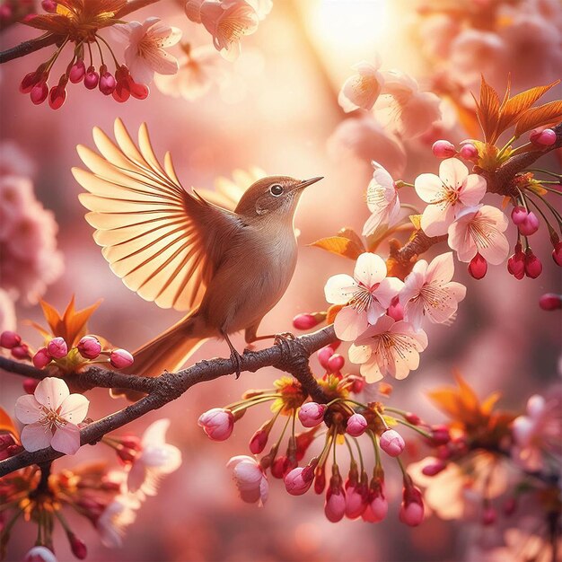 A bird landing on a blooming cherry branch