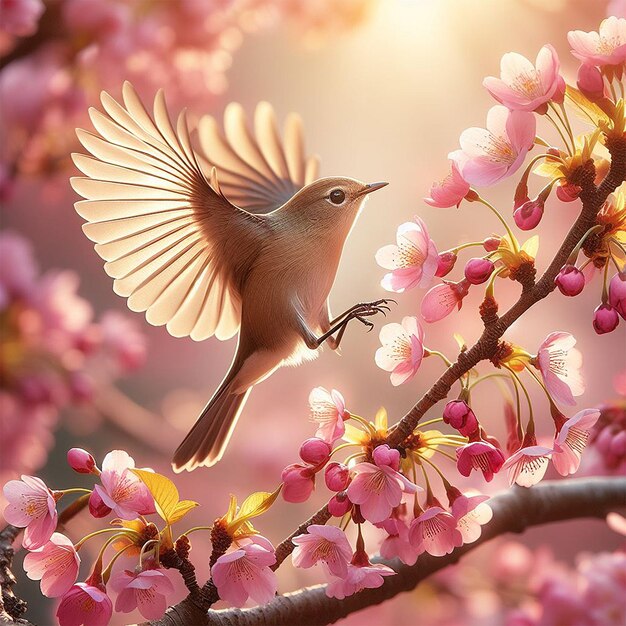 A bird landing on a blooming cherry branch