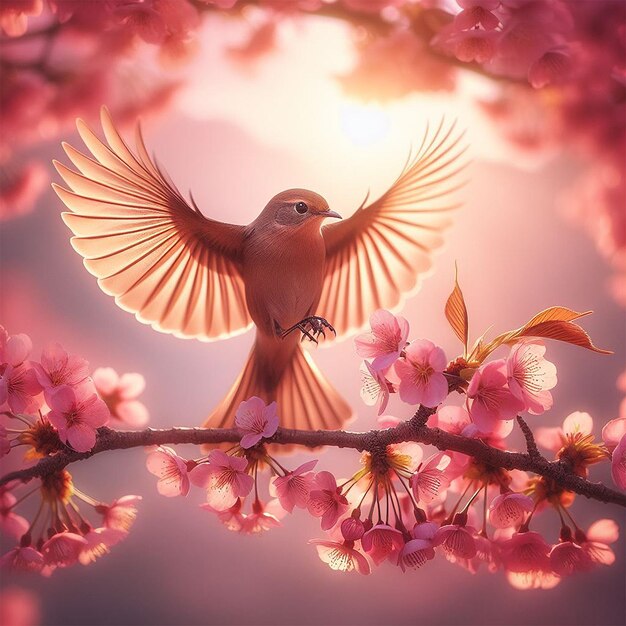 A bird landing on a blooming cherry branch