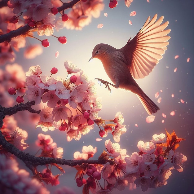 A bird landing on a blooming cherry branch