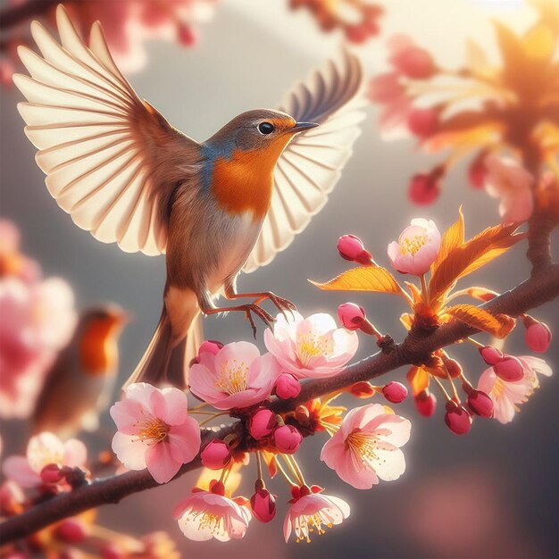 A bird landing on a blooming cherry branch