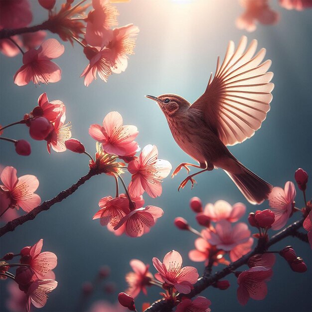 A bird landing on a blooming cherry branch