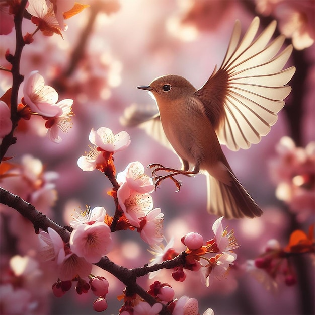 A bird landing on a blooming cherry branch