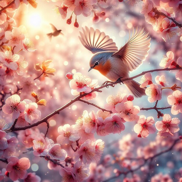 A bird landing on a blooming cherry branch