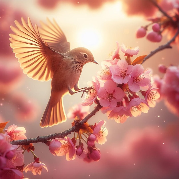 A bird landing on a blooming cherry branch