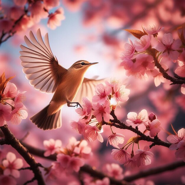 A bird landing on a blooming cherry branch