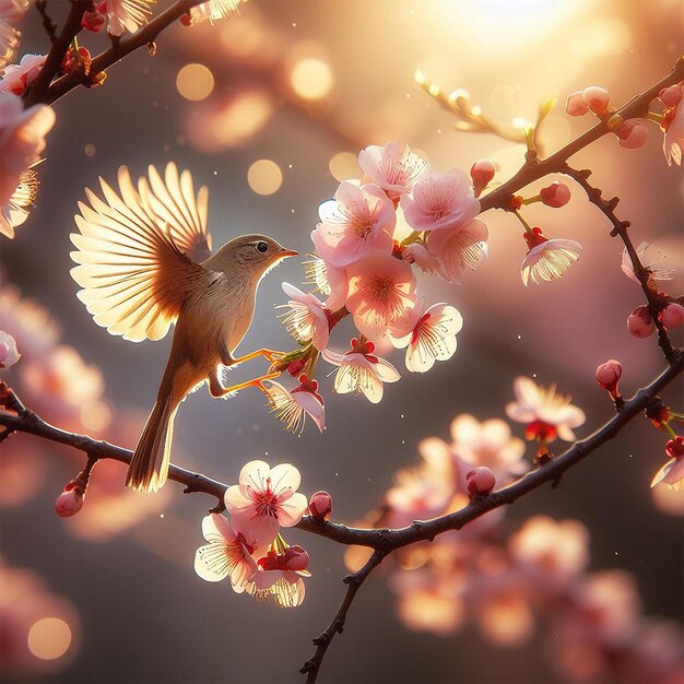 A bird landing on a blooming cherry branch