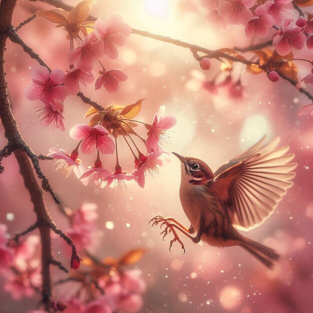 A bird landing on a blooming cherry branch