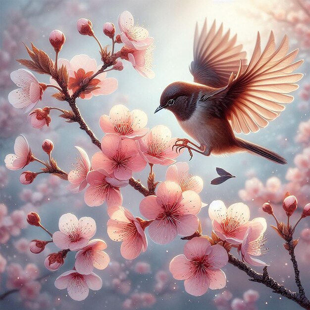 A bird landing on a blooming cherry branch