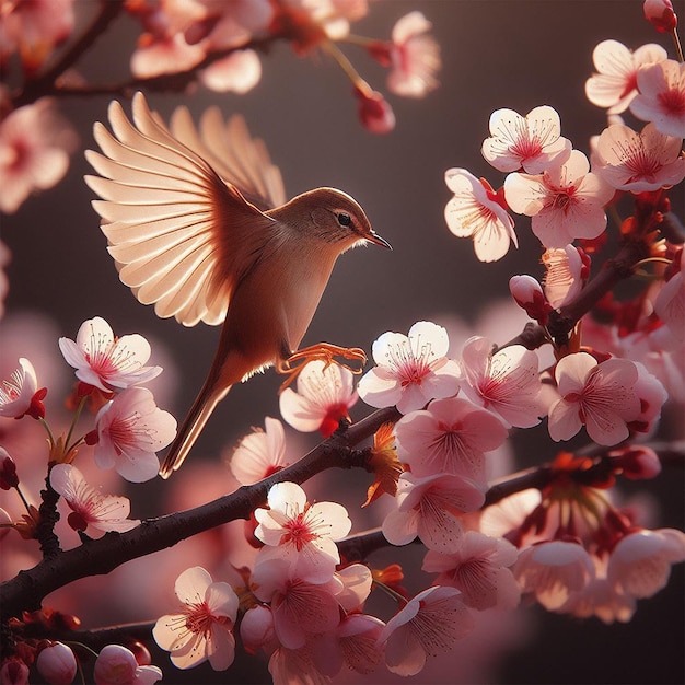 A bird landing on a blooming cherry branch