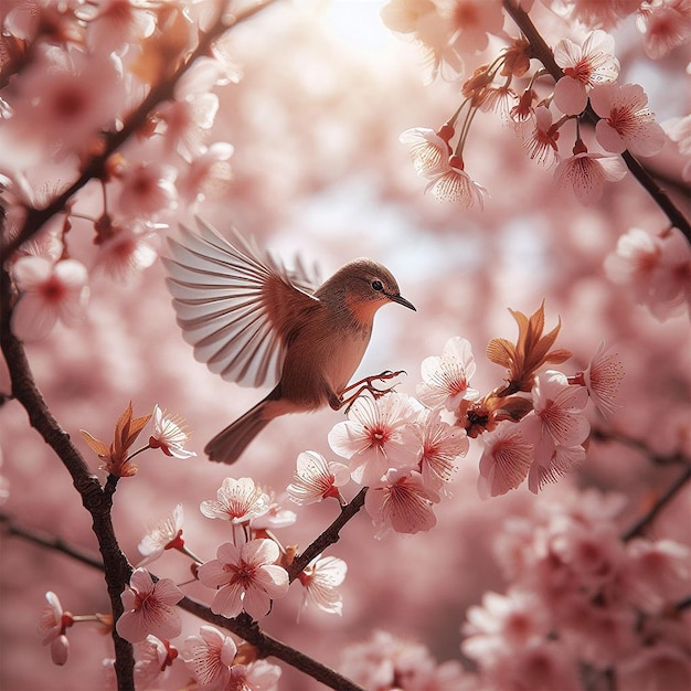 A bird landing on a blooming cherry branch