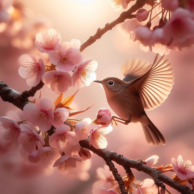 A bird landing on a blooming cherry branch