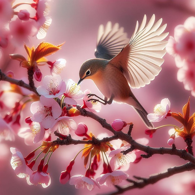 A bird landing on a blooming cherry branch