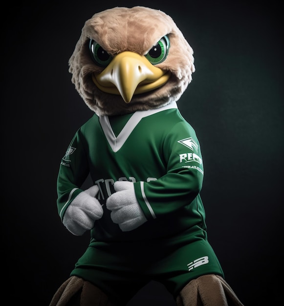 A bird mascot wearing a green shirt that says