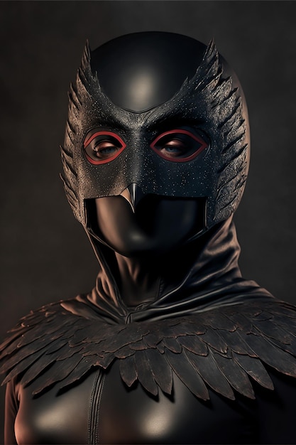 A bird mask with red eyes and a black mask with red eyes.