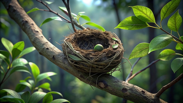 Photo a bird nest on a tree branch with green leaves