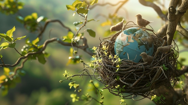 a bird nest with a bird nest hanging on a tree branch