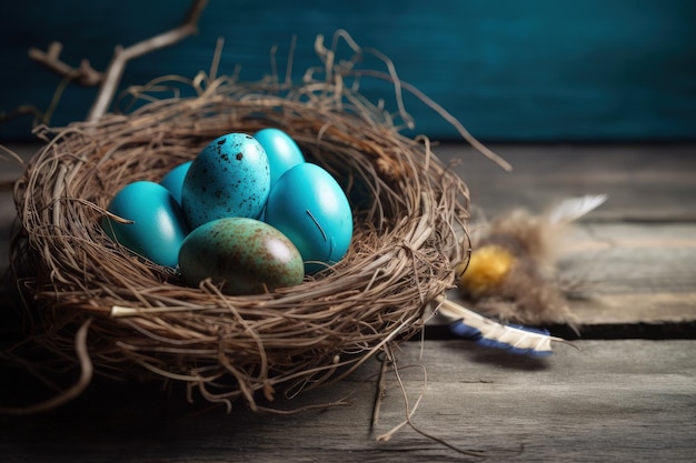 Bird nest with blue eggs on wooden table Generative AI