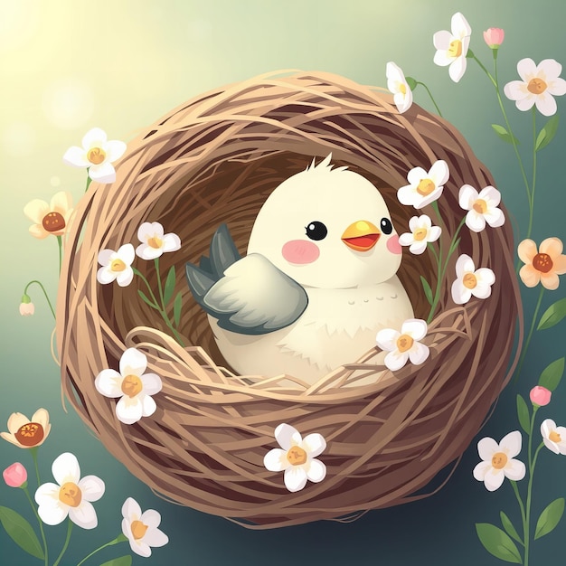 a bird in a nest with flowers and a bird in it