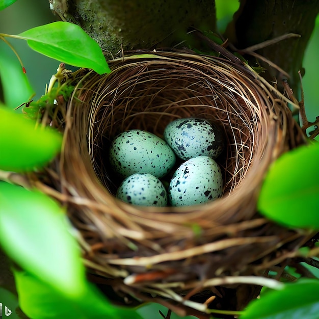 Bird Nest with Spotted Robin Eggs Within In the Tree Generate Ai