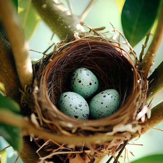 Bird Nest with Spotted Robin Eggs Within In the Tree Generate Ai