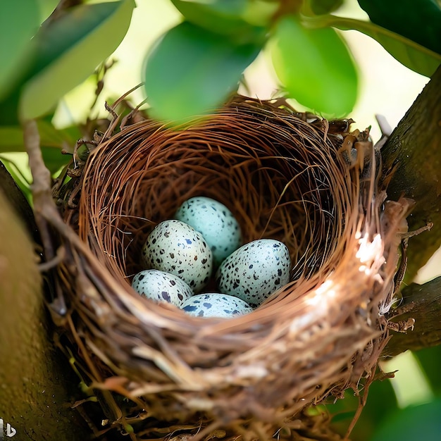 Bird Nest with Spotted Robin Eggs Within In the Tree Generate Ai