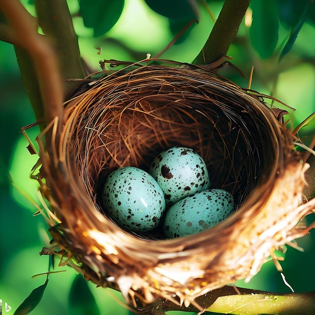 Bird Nest with Spotted Robin Eggs Within In the Tree Generate Ai