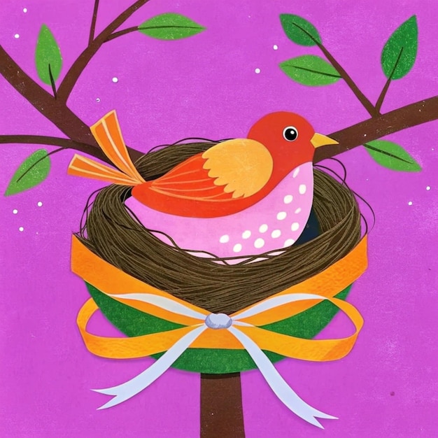 a bird nest with a yellow ribbon and a ribbon around it