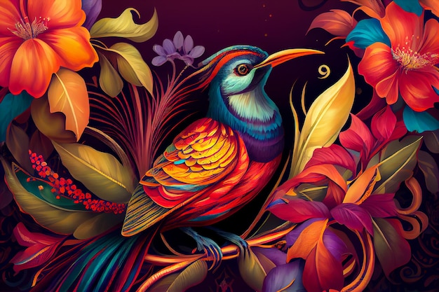 Bird of paradise on exotic colorful flower background Generative AI Generative AI