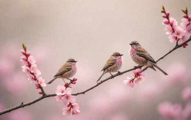 Bird Perched on a Branch Painting with Pink Accents