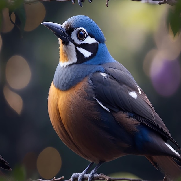 a bird perched on a branch with pink and blue flowers Generated by AI