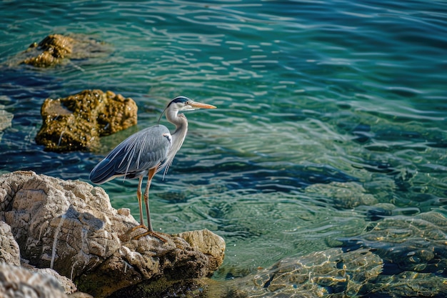 A bird perched on a rocky outcropping overlooking calm water