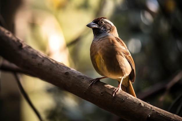 A bird perched on a tree branch looking u