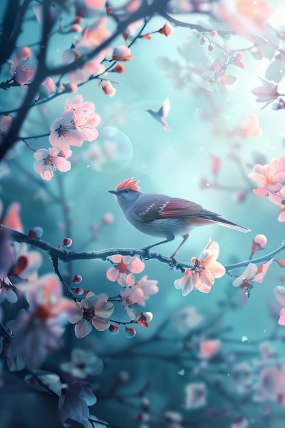 Bird Perched on Tree Branch With Pink Flowers